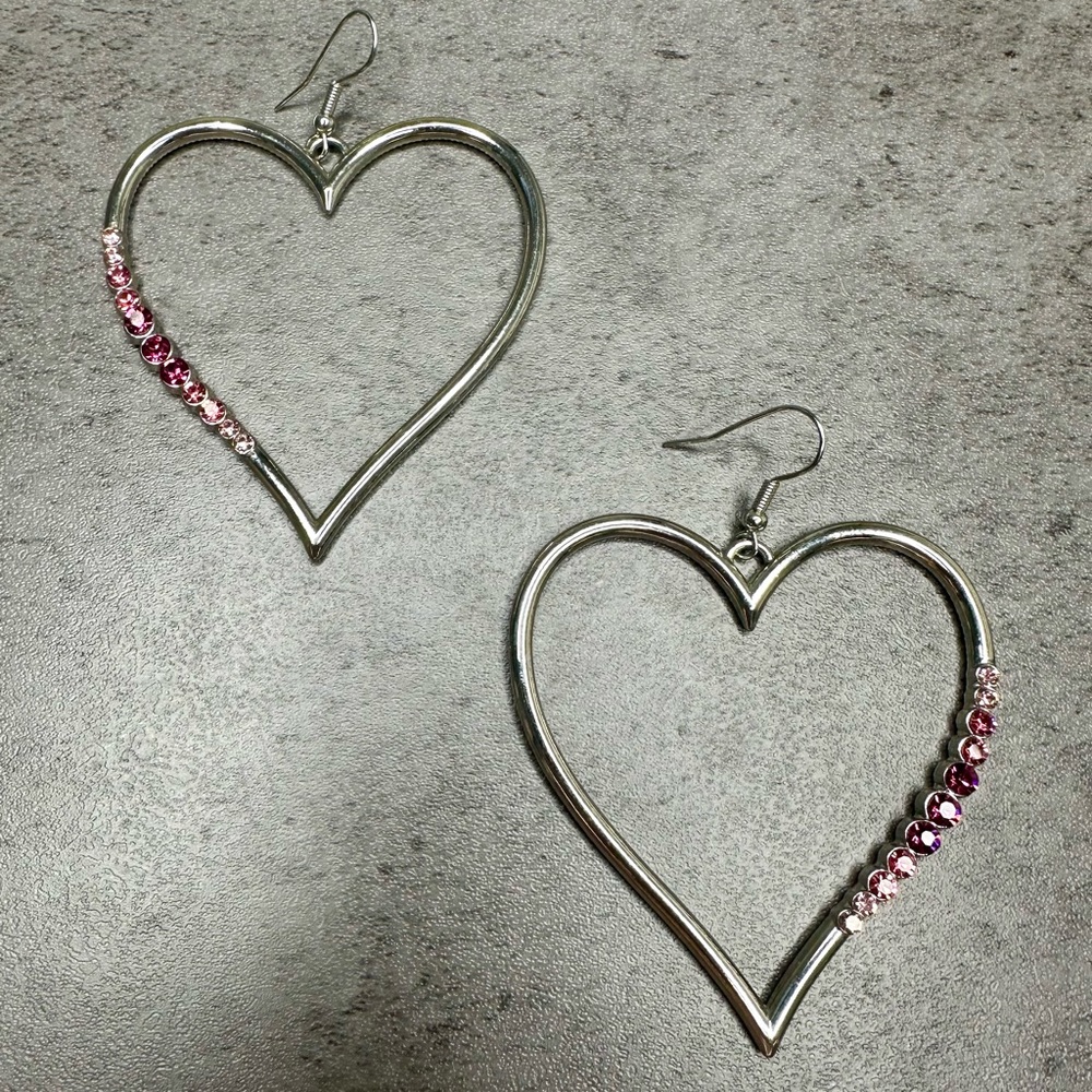 Large Pink Rhinestone Heart Earrings – Statement Dangle – 2”